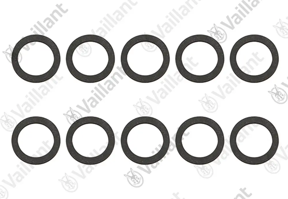 Zehn schwarze Dichtungen von Vaillant, gleichmäßig angeordnet, hergestellt aus flexiblem Material. Ideal für verschiedene Anwendungen in Heiz- und Warmwassersystemen.